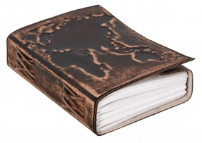 Notizbuch mit Ledereinband und dunkelbraunem Weltkarten-Motiv Notizbuch mit Ledereinband und dunkelbraunem Weltkarten-Motiv