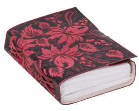 Notizbuch mit Ledereinband und rotem Blumenmuster Notizbuch mit Ledereinband und rotem Blumenmuster