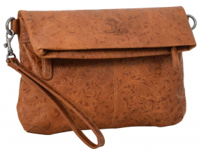 Hellbraune... Hellbraune Leder-Handtasche mit floralem Muster