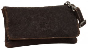 Dunkelbraune... Dunkelbraune Leder-Clutch mit floralem Muster