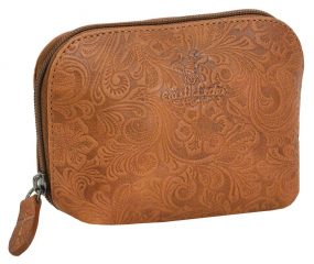 Hellbraune... Hellbraune Leder-Waschtasche mit Blümchendesign
