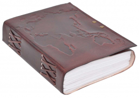 Braunes Notizbuch mit Ledereinband und Weltkarten-Motiv Braunes Notizbuch mit Ledereinband und Weltkarten-Motiv