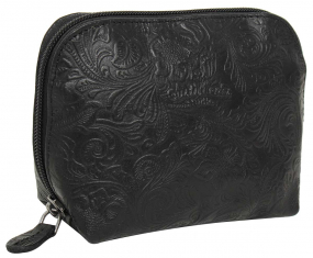 Dunkelbraune... Dunkelbraune Leder-Waschtasche mit Blümchendesign