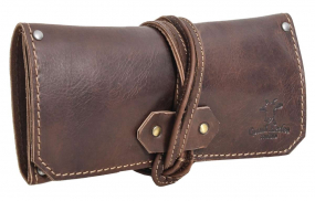 Dunkelbraune... Dunkelbraune Leder-Tabaktasche mit Lederbandverschluss